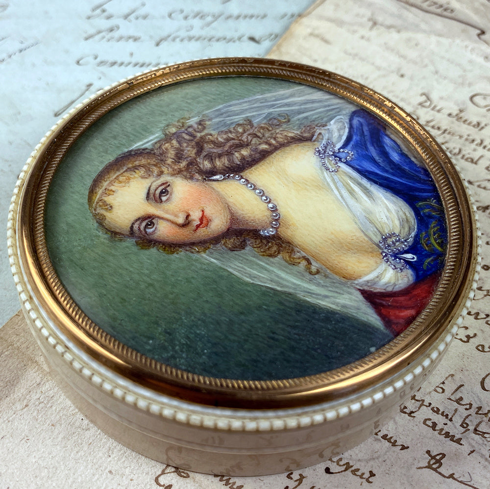 Antique French Portrait Miniature & Ivory Table Snuff or Powder Box, Jar, Beautiful Woman