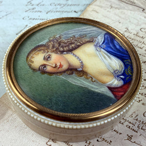 Antique French Portrait Miniature & Ivory Table Snuff or Powder Box, Jar, Beautiful Woman