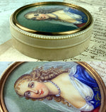 Antique French Portrait Miniature & Ivory Table Snuff or Powder Box, Jar, Beautiful Woman