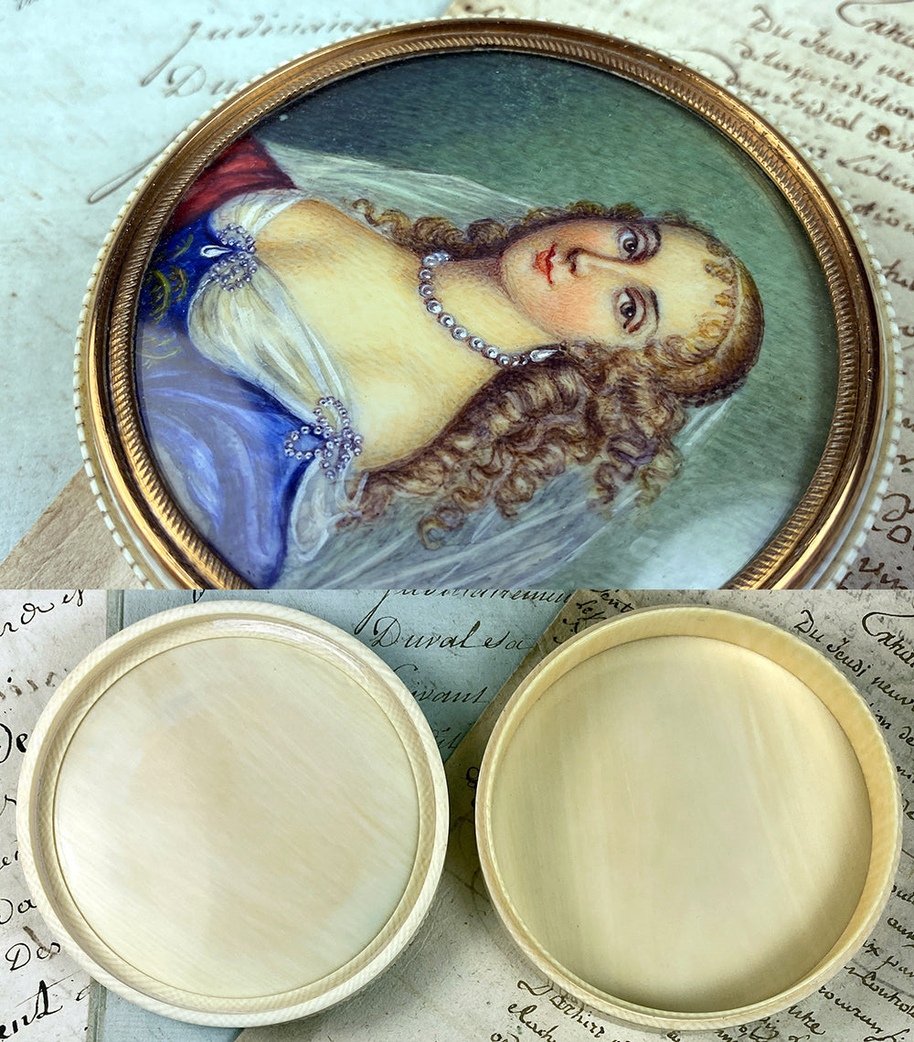 Antique French Portrait Miniature & Ivory Table Snuff or Powder Box, Jar, Beautiful Woman