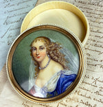 Antique French Portrait Miniature & Ivory Table Snuff or Powder Box, Jar, Beautiful Woman