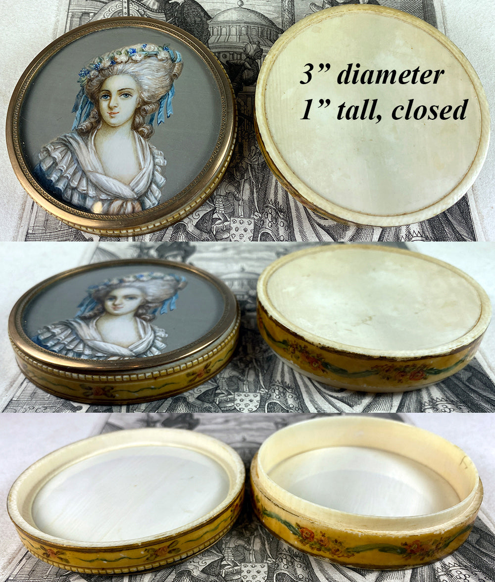 Antique French Grand Tour Snuff or Patch, Powder Box, Miss Elizabeth Portrait Miniature, Vernis Martin