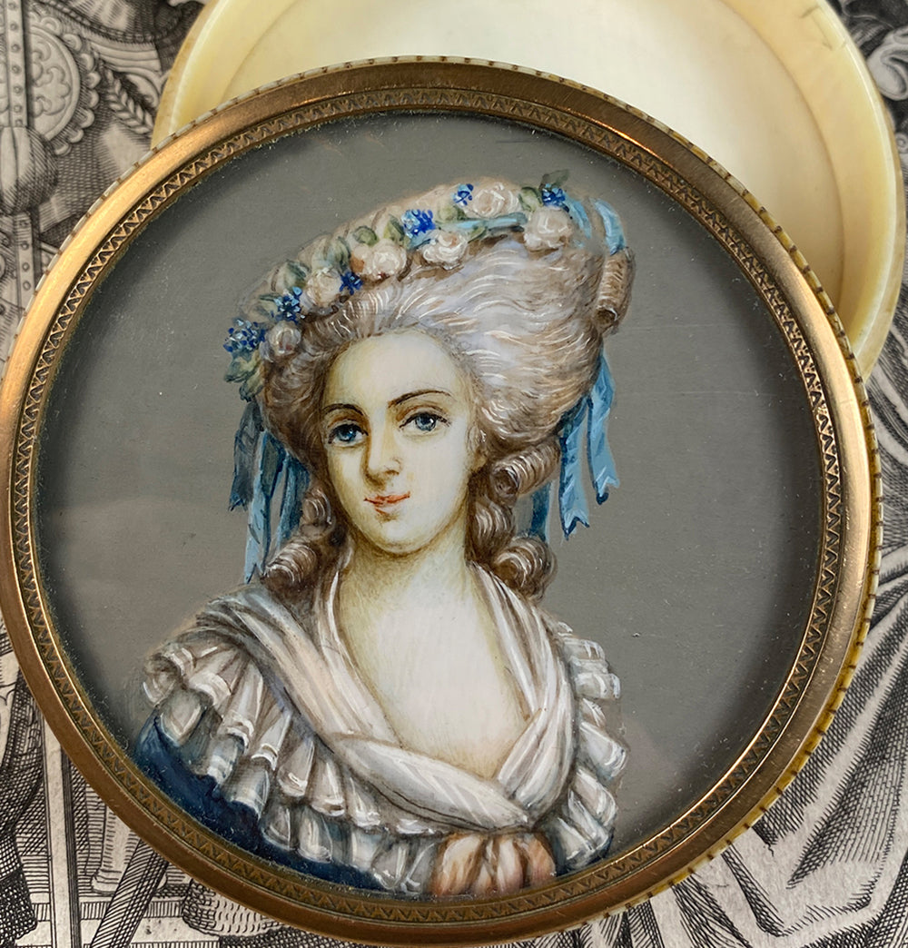 Antique French Grand Tour Snuff or Patch, Powder Box, Miss Elizabeth Portrait Miniature, Vernis Martin