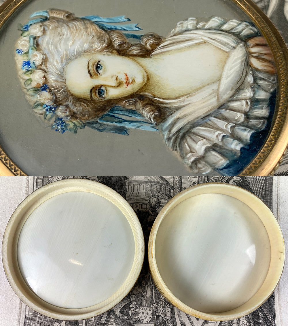 Antique French Grand Tour Snuff or Patch, Powder Box, Miss Elizabeth Portrait Miniature, Vernis Martin