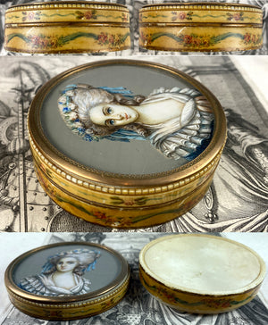 Antique French Grand Tour Snuff or Patch, Powder Box, Miss Elizabeth Portrait Miniature, Vernis Martin