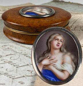 Antique French Burl Snuff Box, Porcelain Portrait Miniature "Ecstasy of Teresa", Silver