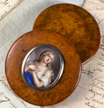 Antique French Burl Snuff Box, Porcelain Portrait Miniature "Ecstasy of Teresa", Silver