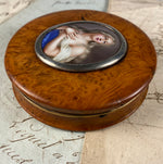 Antique French Burl Snuff Box, Porcelain Portrait Miniature "Ecstasy of Teresa", Silver