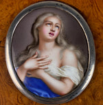 Antique French Burl Snuff Box, Porcelain Portrait Miniature "Ecstasy of Teresa", Silver