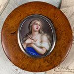 Antique French Burl Snuff Box, Porcelain Portrait Miniature "Ecstasy of Teresa", Silver