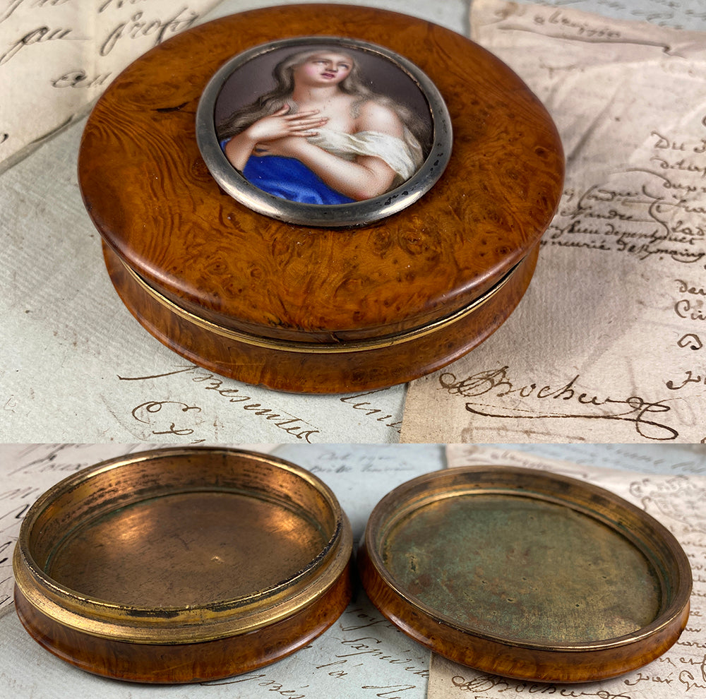 Antique French Burl Snuff Box, Porcelain Portrait Miniature "Ecstasy of Teresa", Silver