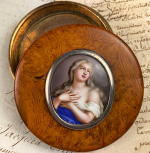 Antique French Burl Snuff Box, Porcelain Portrait Miniature "Ecstasy of Teresa", Silver