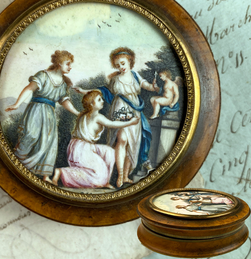 Antique French Portrait Miniature Snuff Box, Burl Wood, Neoclassical 3 Women, Cupid