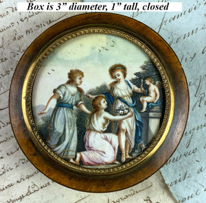 Antique French Portrait Miniature Snuff Box, Burl Wood, Neoclassical 3 Women, Cupid