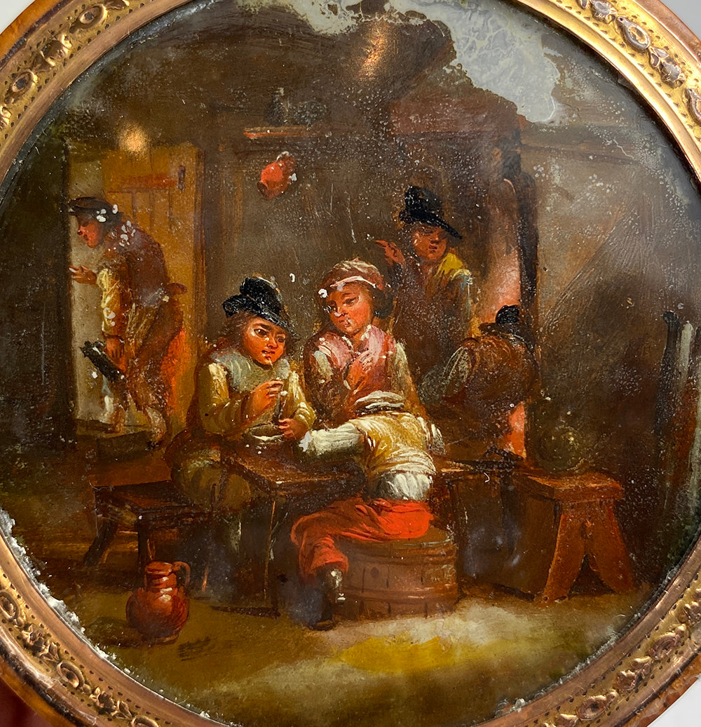 Antique Painting Snuff Box, Eglomise Tavern Scene Portrait Miniature, Belgian or German
