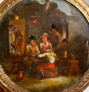 Antique Painting Snuff Box, Eglomise Tavern Scene Portrait Miniature, Belgian or German