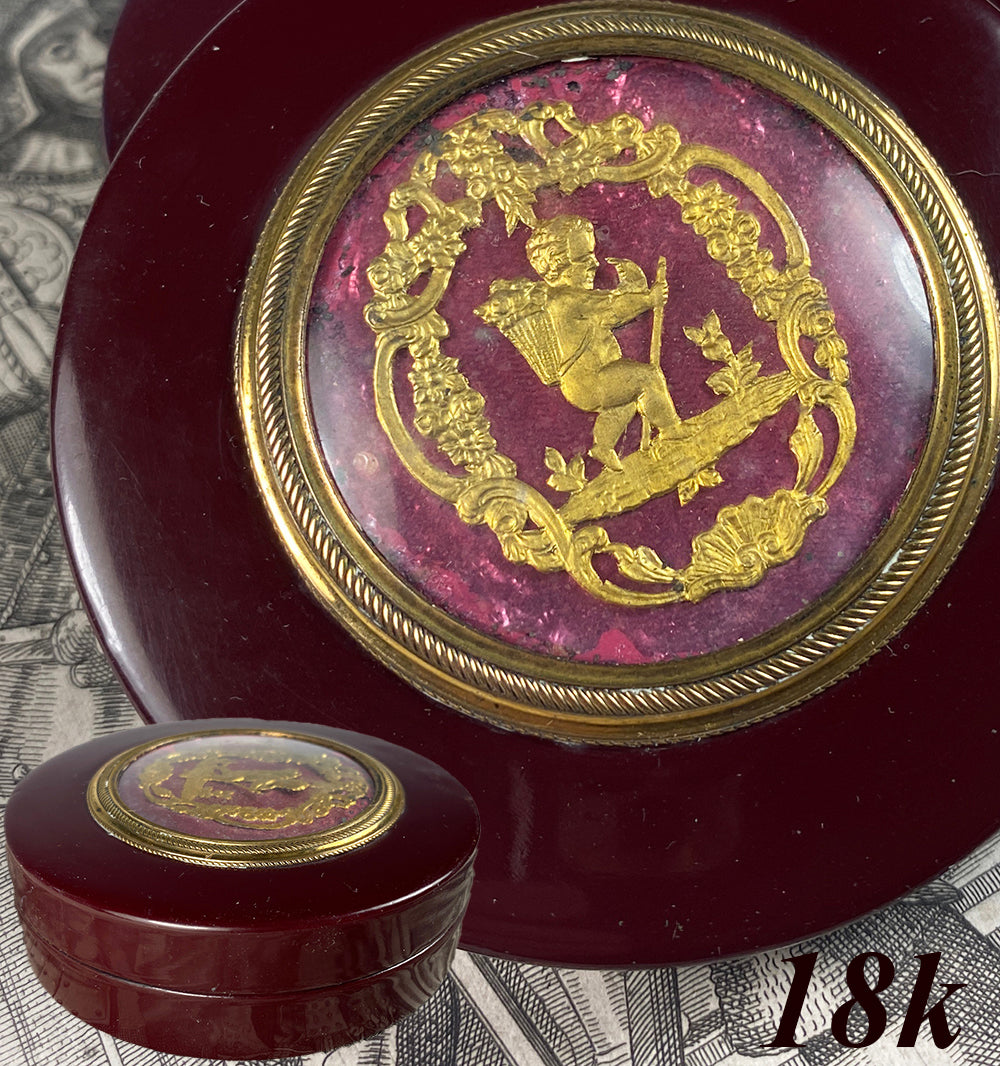 Antique 18th Century French Lacquer Snuff Box, Foil and 18k Gold Plaque, Like Vernis Martin