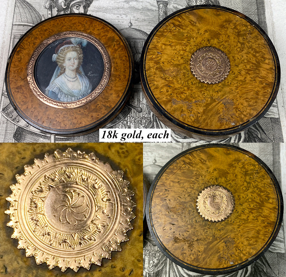 Antique 18th Century French Portrait Miniature Snuff or Patch Box, 18k Gold Mat and Medallion