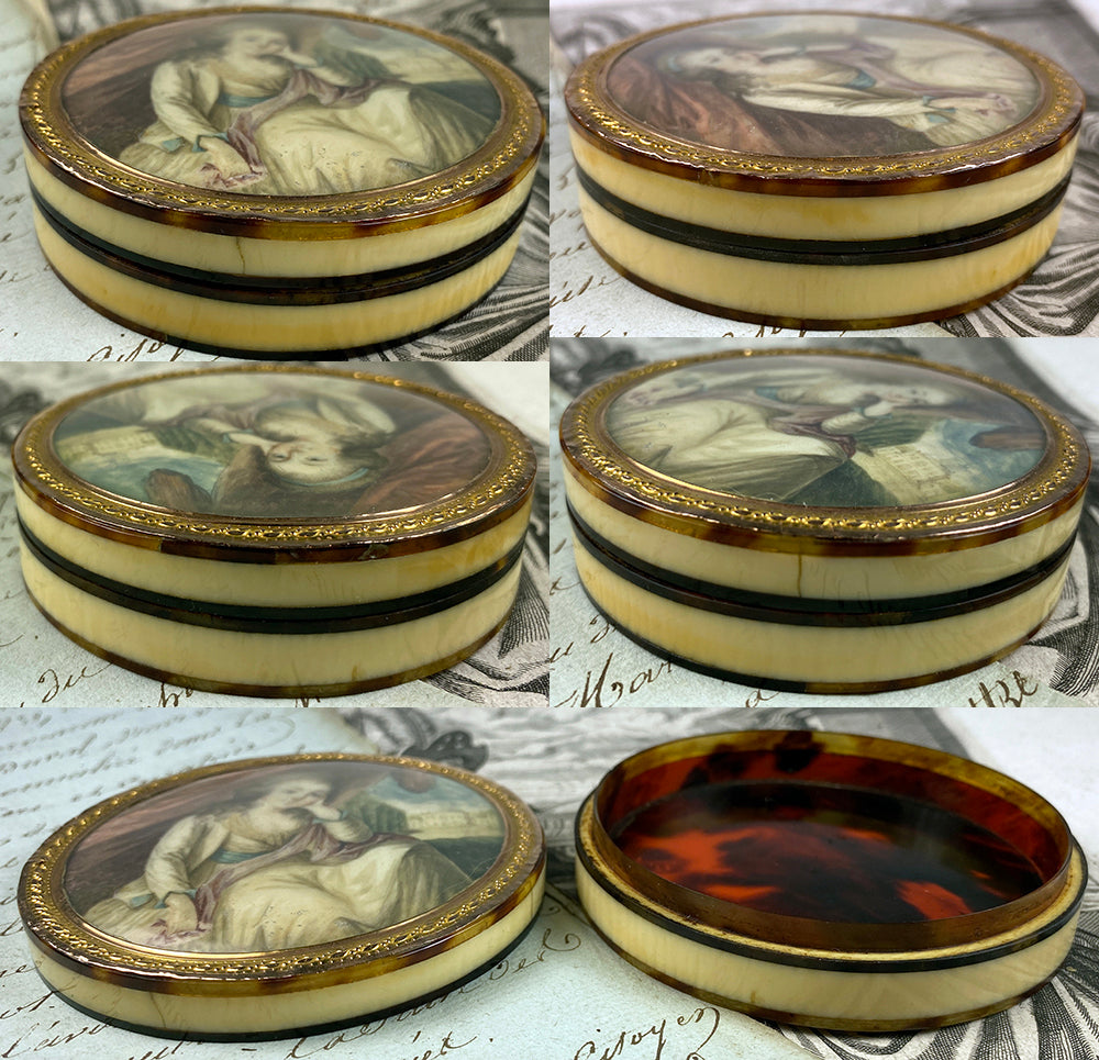 Superb Antique French 18th Century 18k, Ivory and Tortoise Shell Snuff Box, Portrait Miniature,