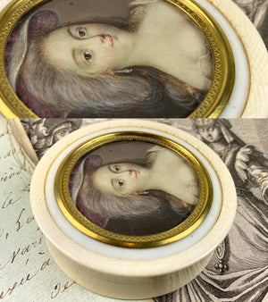 Superb Antique French Portrait Miniature Snuff or Patch Box, 18th Century Ivory