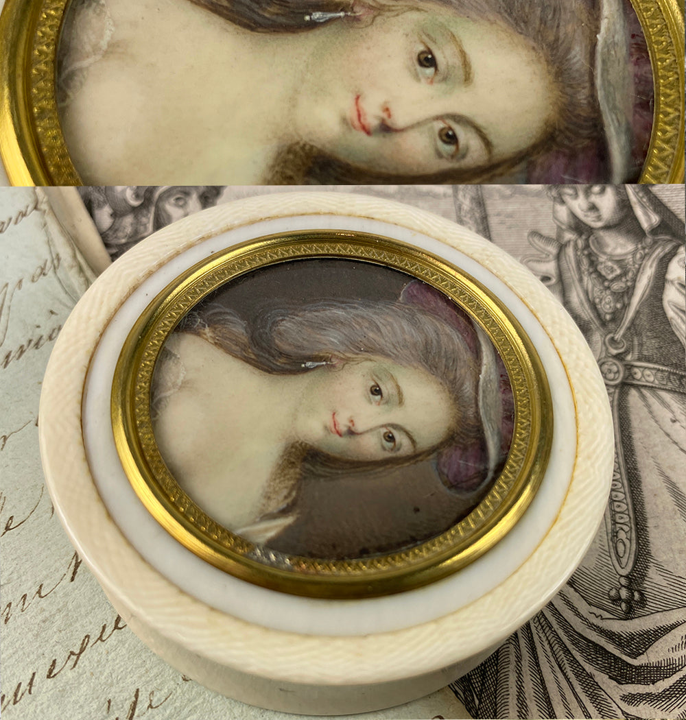 Superb Antique French Portrait Miniature Snuff or Patch Box, 18th Century Ivory