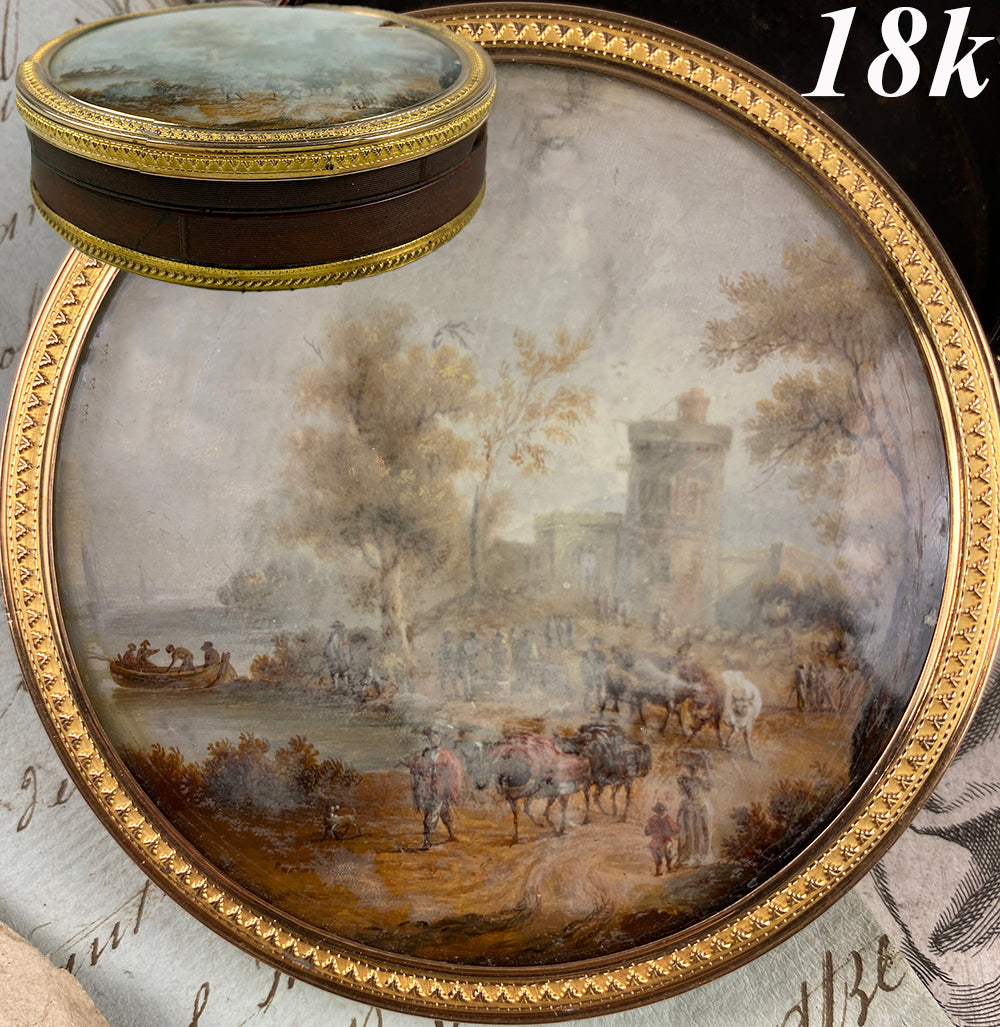 Antique 18k Gold Rim Snuff Box, 18th Century Landscape Painting, Vernis Martin Box