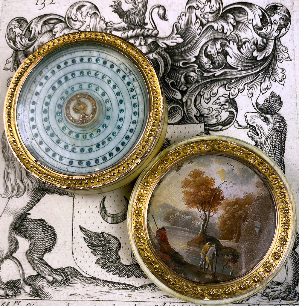 RARE Antique French 18th c 18k Ivory Landscape Painting Miniature Snuff or Patch Box, Also a Game