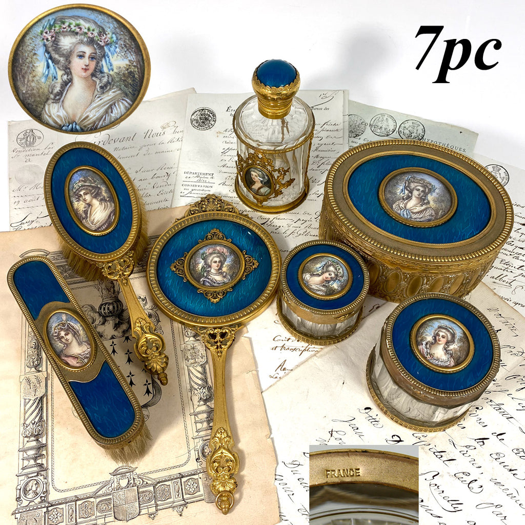 Rare Antique French 7pc Dressing or Vanity Set, Gilt Bronze, Guilloche Enamel & Portrait Miniatures