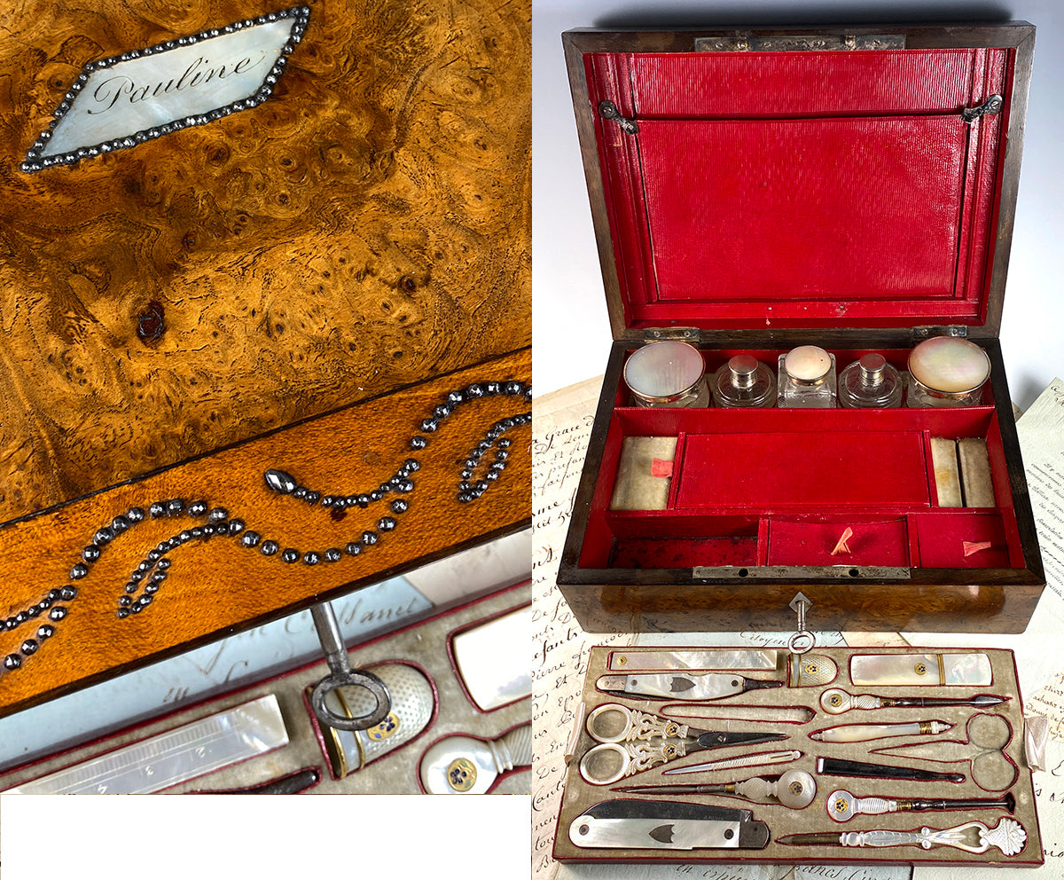V RARE Necessaire, Trousse de Voyage, Antique c.1810-20 French Palais Royal Sewing, Writing & Vanity Chest, 18k Gold Trim Mother of Pearl