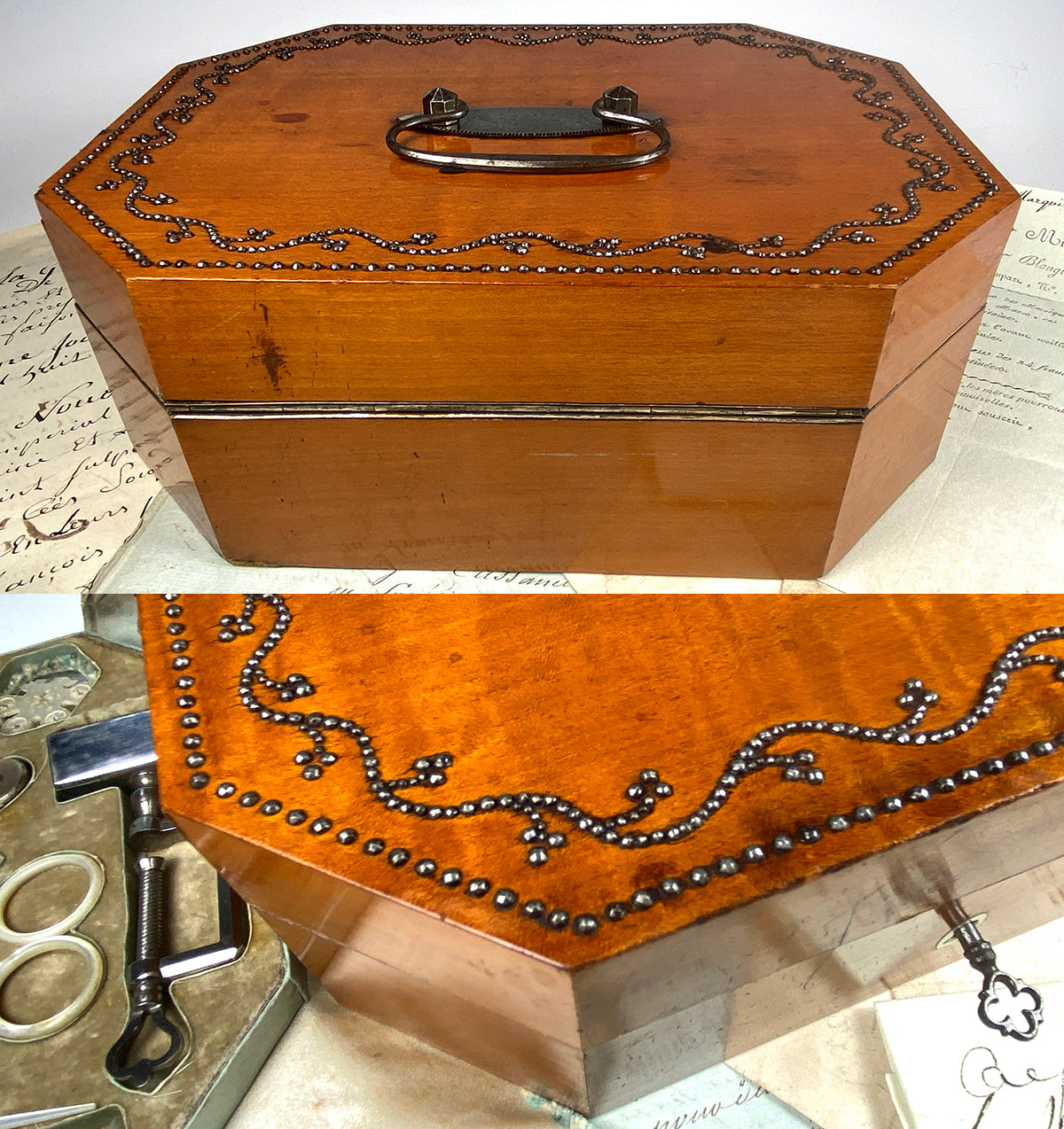 V RARE Large Antique c.1815 French Palais Royal Sewing Chest, 18k Gold Trim Mother of Pearl