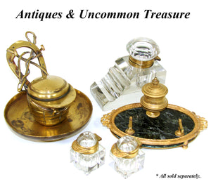 Antique Victorian to Edwardian Era Cut Crystal & Brass Inkwell, Groove Pen or Quill Holders