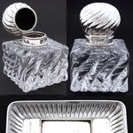 Huge Antique Danish Sterling Silver & Baccarat Swirled Glass Inkwell with Matching Tray