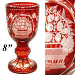 Large Antique Bohemian 7.75" Goblet Ruby to Clear Layered Glass, Engraved Flower Basket