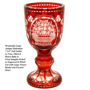 Large Antique Bohemian 7.75" Goblet Ruby to Clear Layered Glass, Engraved Flower Basket