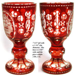 Large Antique Bohemian 7.75" Goblet Ruby to Clear Layered Glass, Engraved Flower Basket