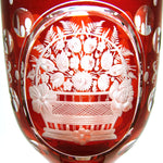 Large Antique Bohemian 7.75" Goblet Ruby to Clear Layered Glass, Engraved Flower Basket