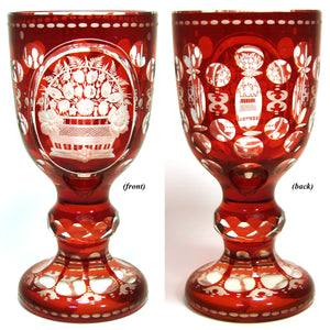 Large Antique Bohemian 7.75" Goblet Ruby to Clear Layered Glass, Engraved Flower Basket