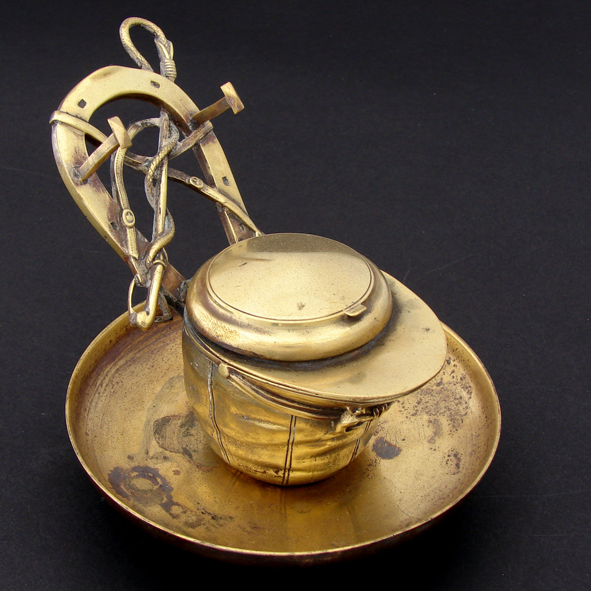 Antique Victorian Bronze Desk Top Inkwell or Inkstand, a Riding or Jockey's Cap with Horseshoe