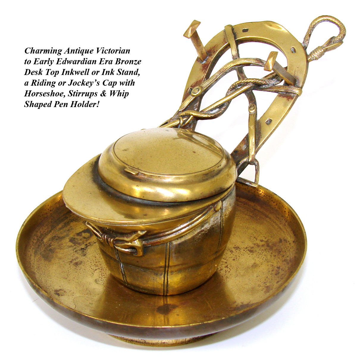 Antique Victorian Bronze Desk Top Inkwell or Inkstand, a Riding or Jockey's Cap with Horseshoe