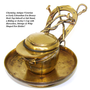 Antique Victorian Bronze Desk Top Inkwell or Inkstand, a Riding or Jockey's Cap with Horseshoe