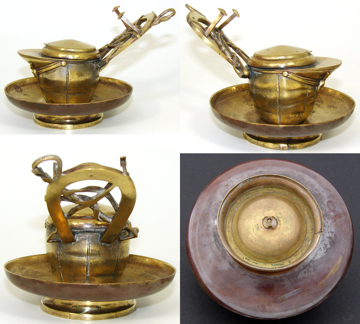 Antique Victorian Bronze Desk Top Inkwell or Inkstand, a Riding or Jockey's Cap with Horseshoe