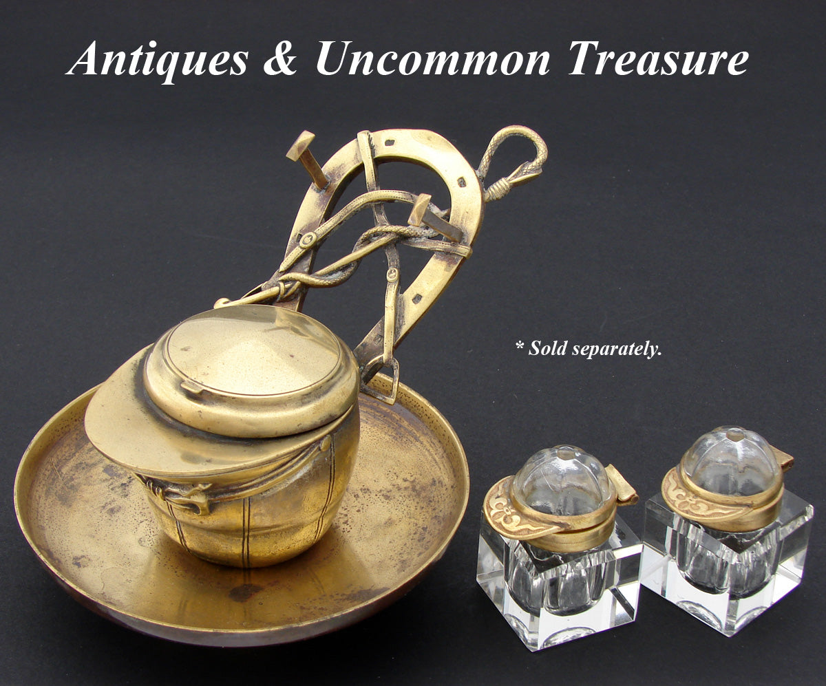 Antique Victorian Bronze Desk Top Inkwell or Inkstand, a Riding or Jockey's Cap with Horseshoe