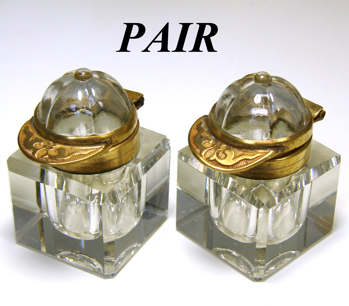 Antique Victorian Inkwell Pair, Cut Crystal & Bronze: Horse Riding or Jockey Cap Theme