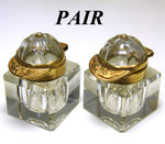 Antique Victorian Inkwell Pair, Cut Crystal & Bronze: Horse Riding or Jockey Cap Theme