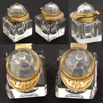 Antique Victorian Inkwell Pair, Cut Crystal & Bronze: Horse Riding or Jockey Cap Theme