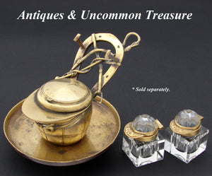 Antique Victorian Inkwell Pair, Cut Crystal & Bronze: Horse Riding or Jockey Cap Theme