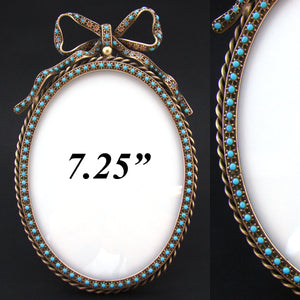 Antique French 7.25" Picture Frame, Bow & Ribbon Top, Turquoise Opaline Glass "Jewels"