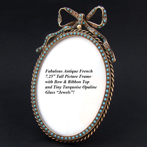 Antique French 7.25" Picture Frame, Bow & Ribbon Top, Turquoise Opaline Glass "Jewels"