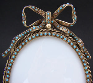 Antique French 7.25" Picture Frame, Bow & Ribbon Top, Turquoise Opaline Glass "Jewels"