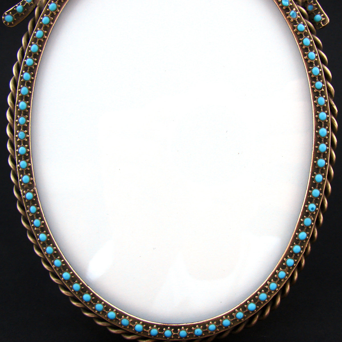 Antique French 7.25" Picture Frame, Bow & Ribbon Top, Turquoise Opaline Glass "Jewels"